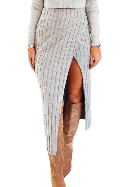 Gray Ribbed Knit Side Split High Waist Midi Skirt LC721219-11