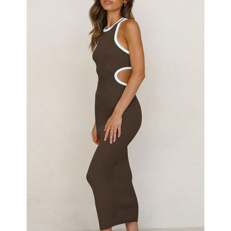 Coffee Rib Hollow Out Sleeveless Bodycon Dress TQK310848-15