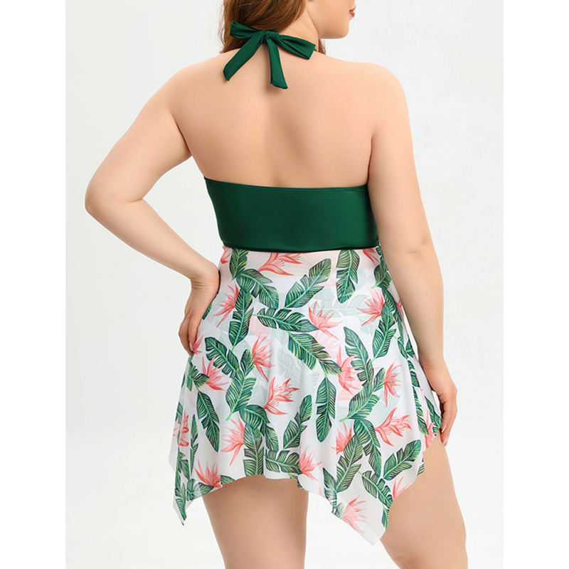 Green Halter Neck Mesh Floral Print Plus Size Swimdress TQX610027-9