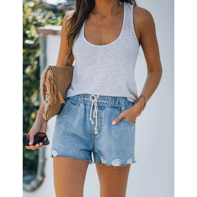 Blue Ripped Elastic Waist Denim Shorts TQK530090-5