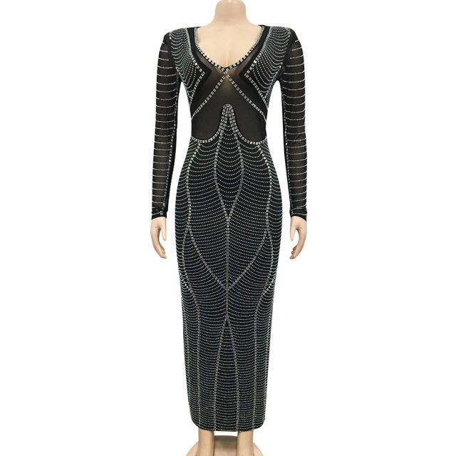 Black Padded Shoulder V Neck Rhinestones Mesh Maxi Dress TQK311225-2
