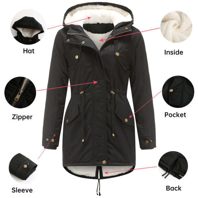 Black Waist Drawstring Plush Hooded Thick Parka Coat TQK280127-2