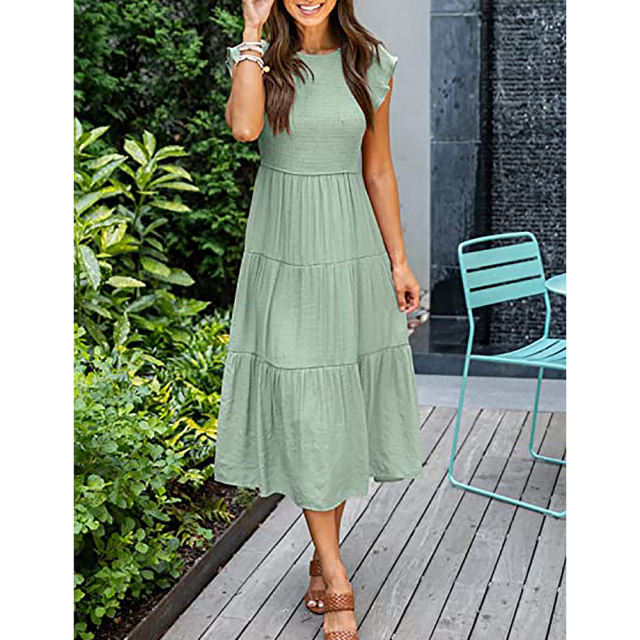 Light Green Ruffled Sleeve Pleated Layered Casual Dress TQV310008-28