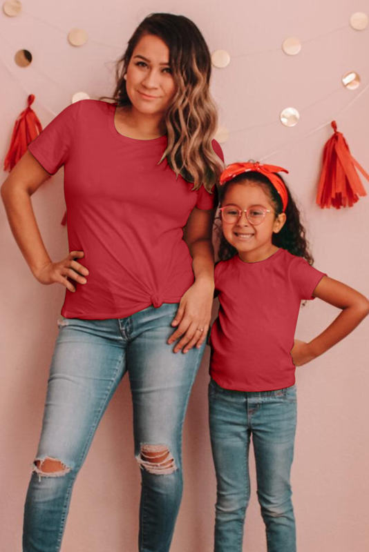 Red Solid Color Short Sleeve Crewneck Kid\'s Tee