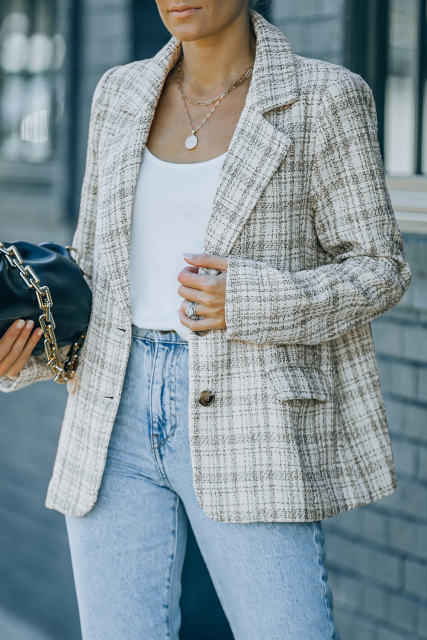 White Pockets Lapel Collar Plaid Blazer LC852357-1