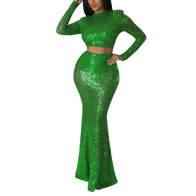 Green Sequined Crop Top with Fishtail Skirt Set TQV810034-9