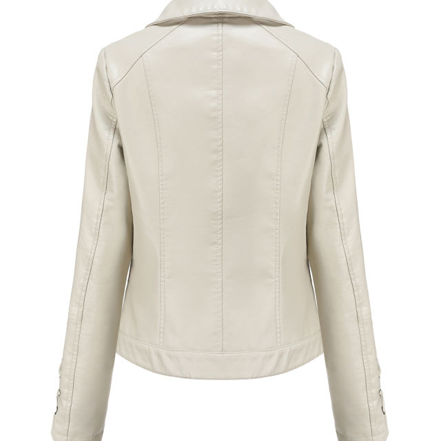 Beige Zipper &amp; Bandage PU Leather Jacket TQK280142-46