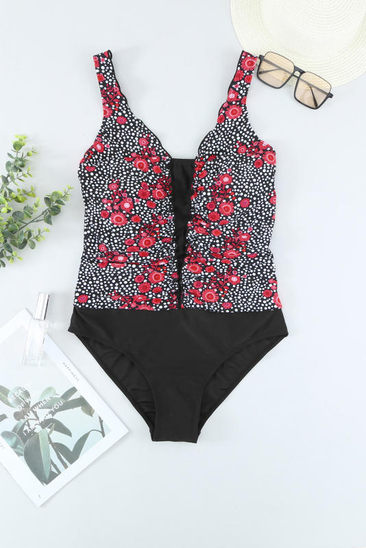 Rose Floral Print Ruffles One-piece Swimsuit LC44839-106