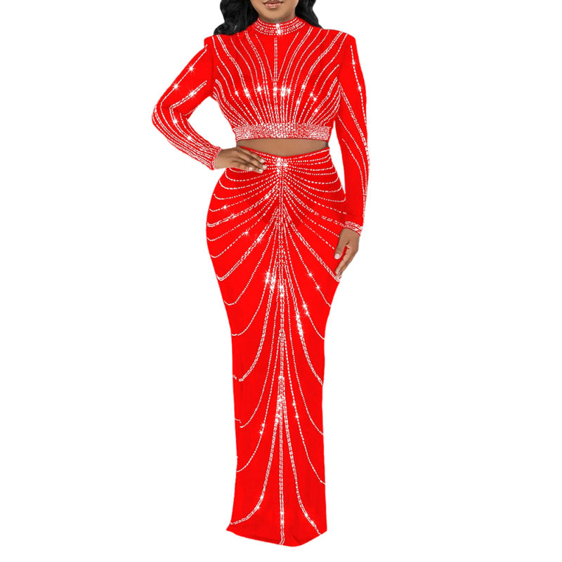 Red Rhinestones Long Sleeve Crop with Maxi Skirt Set TQV810029-3