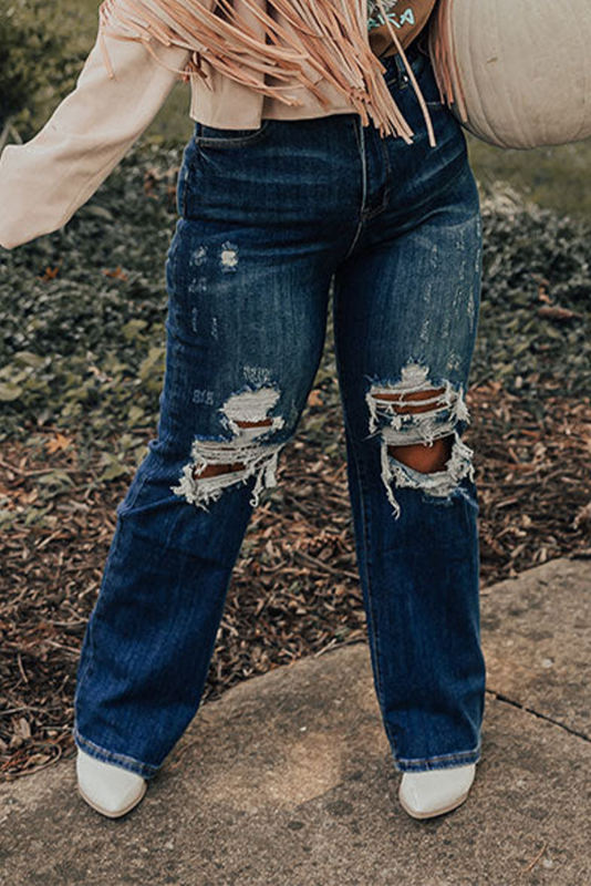 Blue High Waist Distressed Plus Size Jeans PL787066-5