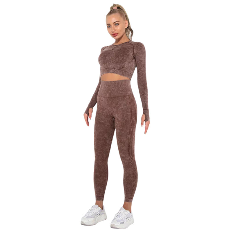 Coffee Nylon Seamless Long Sleeve Pant Yoga Set TQE91361-15