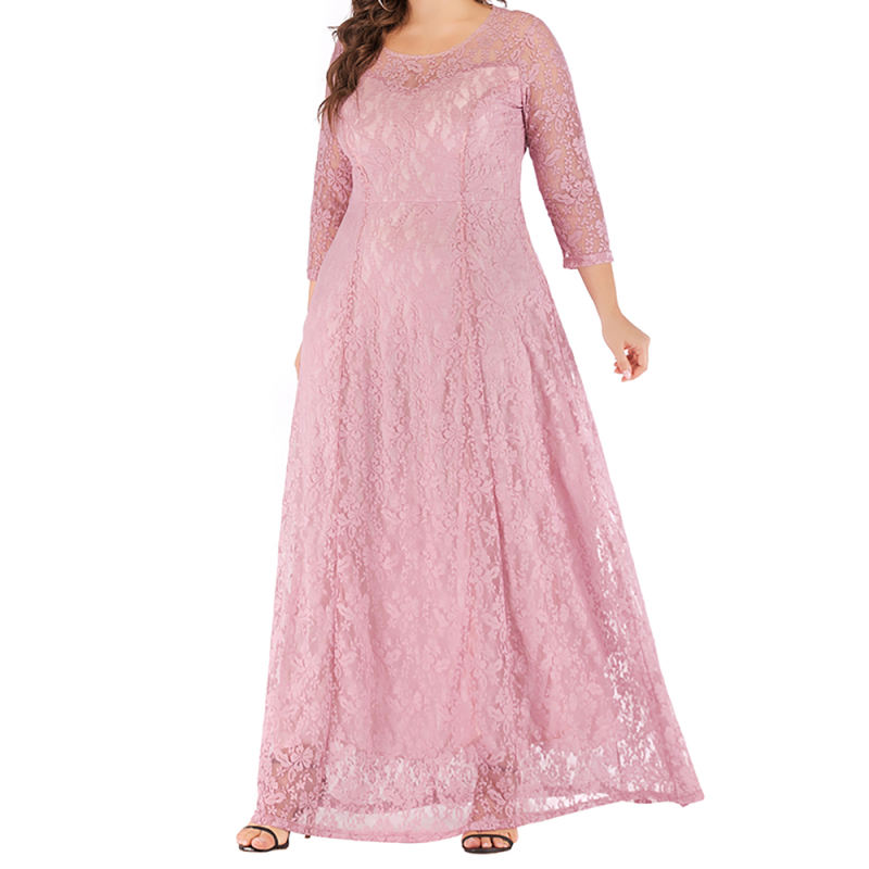 Pink 3/4 Sleeve Crew Neck Lace Plus Size Dress TQK310977-10
