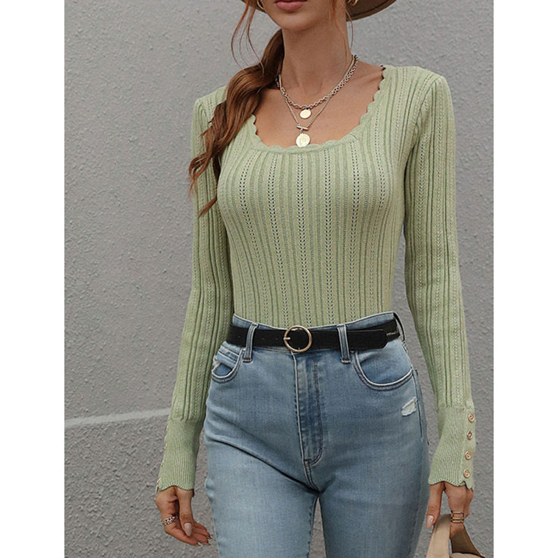 Green Knit Button Long Sleeve Pullover Top TQV270003-9