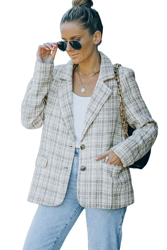 White Pockets Lapel Collar Plaid Blazer LC852357-1