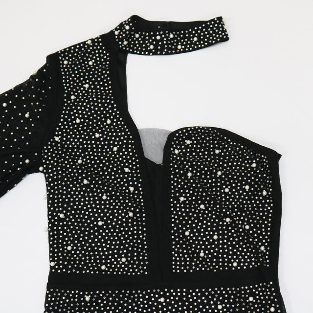 Black Rhinestone Perspective One Shoulder Bodycon Dress TQK310810-2