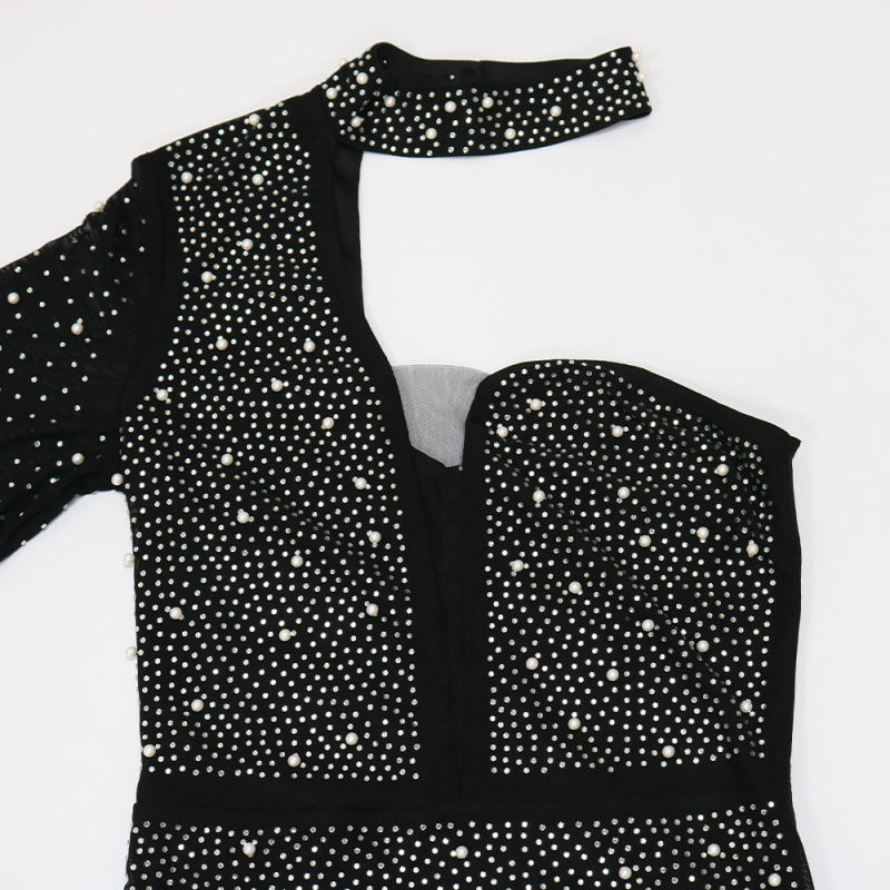Black Rhinestone Perspective One Shoulder Bodycon Dress TQK310810-2