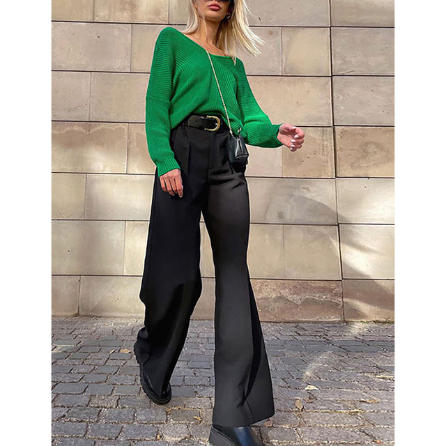 Black High Waisted Draped Wide Leg Pants TQV510042-2