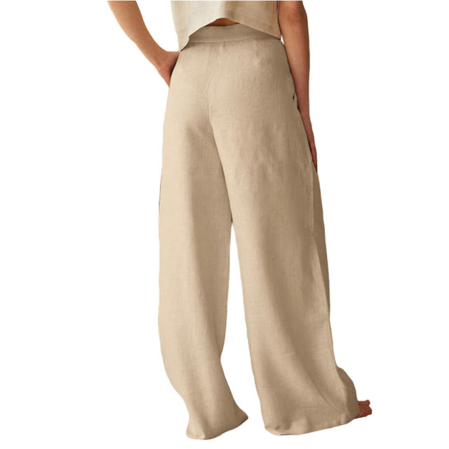 Apricot Cotton Linen Button High Waist Wide Leg Pants TQV510049-18