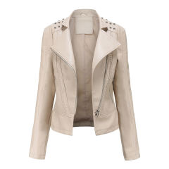 Beige Rivet Decoration Turndown Collar PU Leather Jacket TQK280137-46