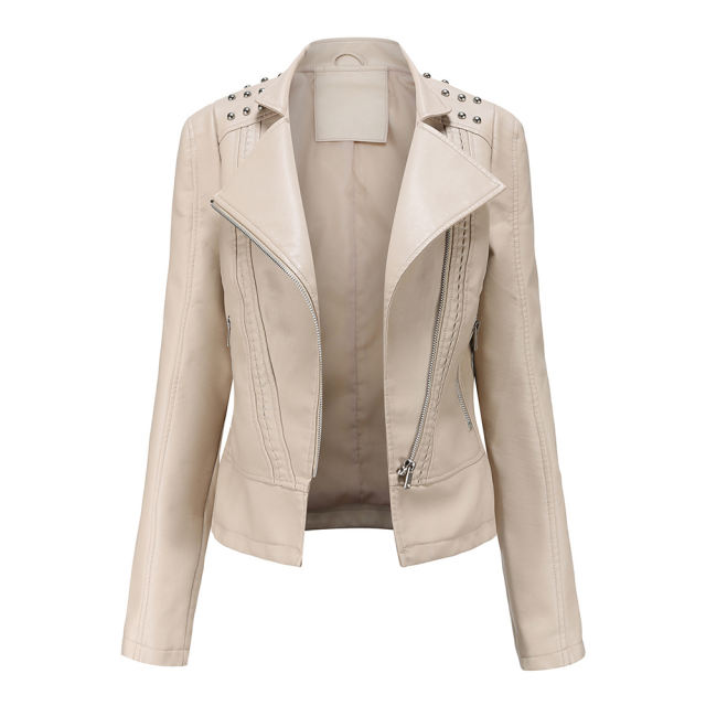 Beige Rivet Decoration Turndown Collar PU Leather Jacket TQK280137-46