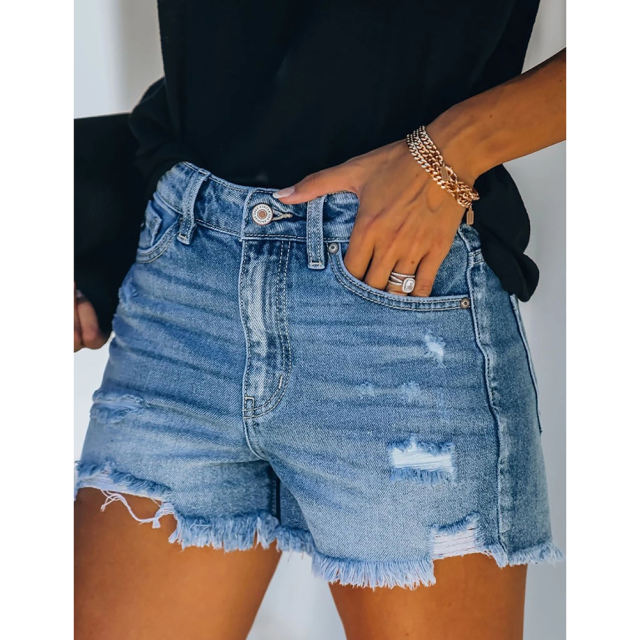 Blue Leisure Ripped Jean Shorts TQK530083-5