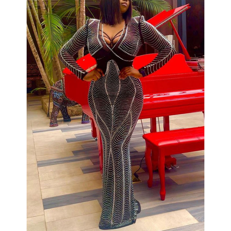 Black Padded Shoulder V Neck Rhinestones Mesh Maxi Dress TQK311225-2