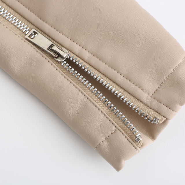 Beige Rivet Decoration Turndown Collar PU Leather Jacket TQK280137-46