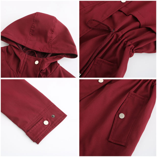 Wine Red Waist Drawstring Hooded Outdoor Rainproof Coat TQK280126-23