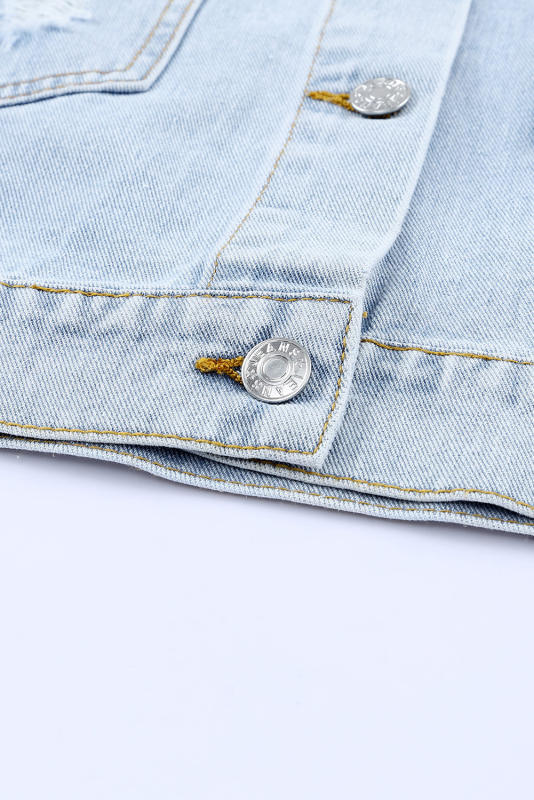 Sky Blue Leopard Star Distressed Cropped Denim Jacket LC788175-4