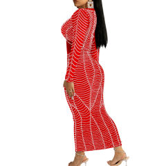 Red Padded Shoulder V Neck Rhinestones Mesh Maxi Dress TQK311225-3