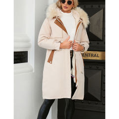 Apricot Zipper Plush Collar Parker Thick Coat 2pcs Set  TQK280219-18