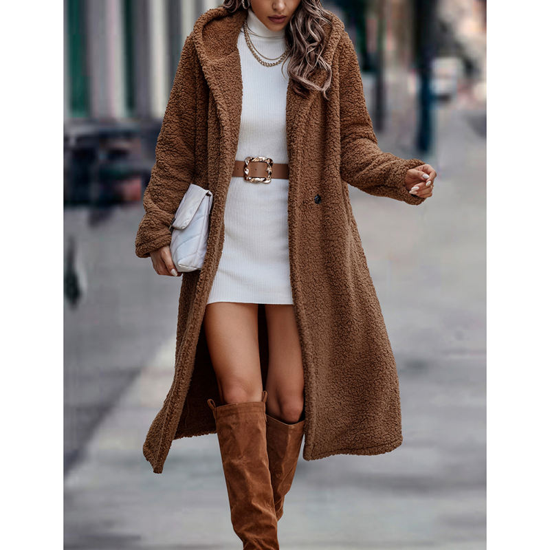 Coffee Open Front Long Sleeve Hooded Fleece Coat TQK280217-15