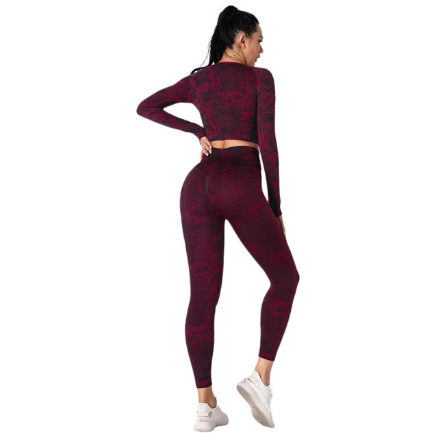 Wine Red Camo Knit Seamless Long Sleeve Pant Yoga Set TQE91362-103
