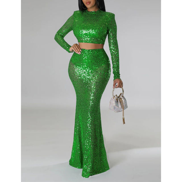 Green Sequined Crop Top with Fishtail Skirt Set TQV810034-9