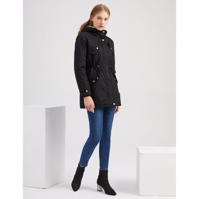 Black Waist Drawstring Plush Hooded Thick Parka Coat TQK280127-2