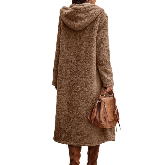 Camel Open Front Long Sleeve Hooded Fleece Coat TQK280217-58