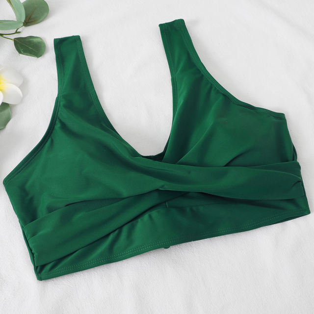 Green Cross Front Drawstring Side High Waist Bikini Swimsuit TQK610320-9