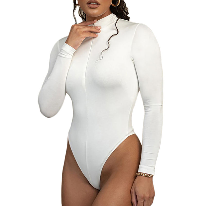 White Zipper-up High Neck Long Sleeve Bodysuit TQK550264-1