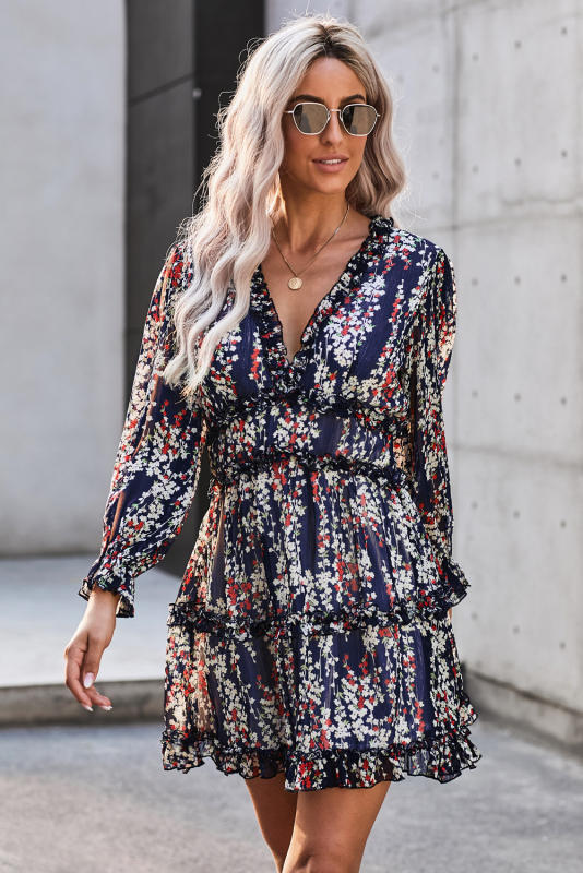 Blue Ruffle Detailing Open Back Floral Dress LC220829-5