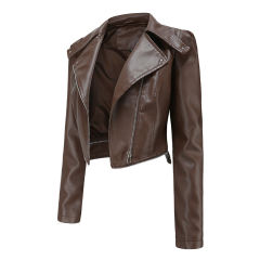 Coffee Removable Hem Leather PU Leather Jacket TQK280125-15