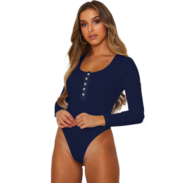 Navy Blue Zip Up Long Sleeve Bodysuit TQK550148-34