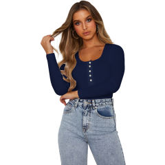 Navy Blue Zip Up Long Sleeve Bodysuit TQK550148-34