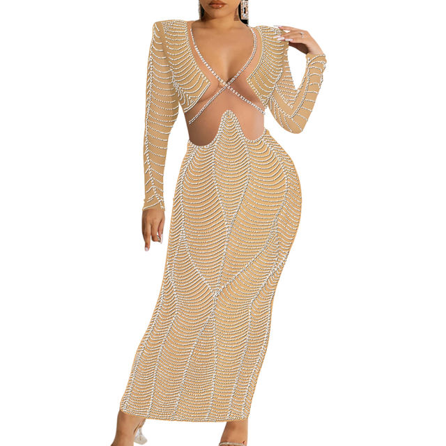 Apricot Padded Shoulder V Neck Rhinestones Mesh Maxi Dress TQK311225-18
