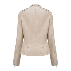 Beige Rivet Decoration Turndown Collar PU Leather Jacket TQK280137-46