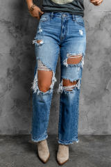 Sky Blue Distressed Holes Hollow-out Boyfriend Jeans LC783885-4