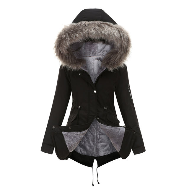 Black Fur Collar Drawstring Waist Warm Hooded Parka Coat TQK280130-2A