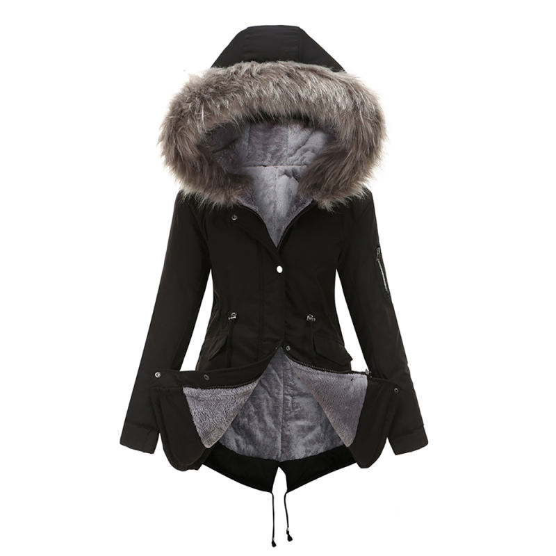 Black Fur Collar Drawstring Waist Warm Hooded Parka Coat TQK280130-2A