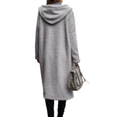 Gray Open Front Long Sleeve Hooded Fleece Coat TQK280217-11