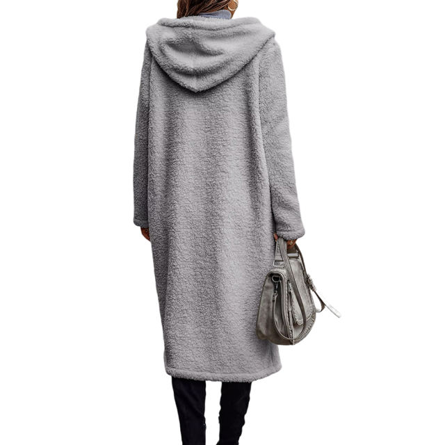 Gray Open Front Long Sleeve Hooded Fleece Coat TQK280217-11