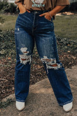 Blue High Waist Distressed Plus Size Jeans PL787066-5